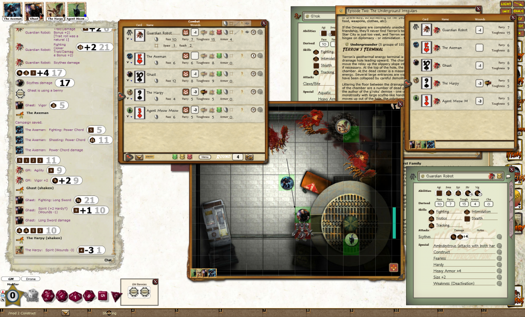 A fight rages between the supervillains and a Guardian Robot ! Lots of wounds and lots of action during another Fast, Fun and Furious game of Savage Worlds on Fantasy Grounds II